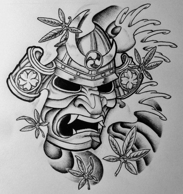 Awesome Black Ink Samurai Head Tattoo Design By Benji Blackstar