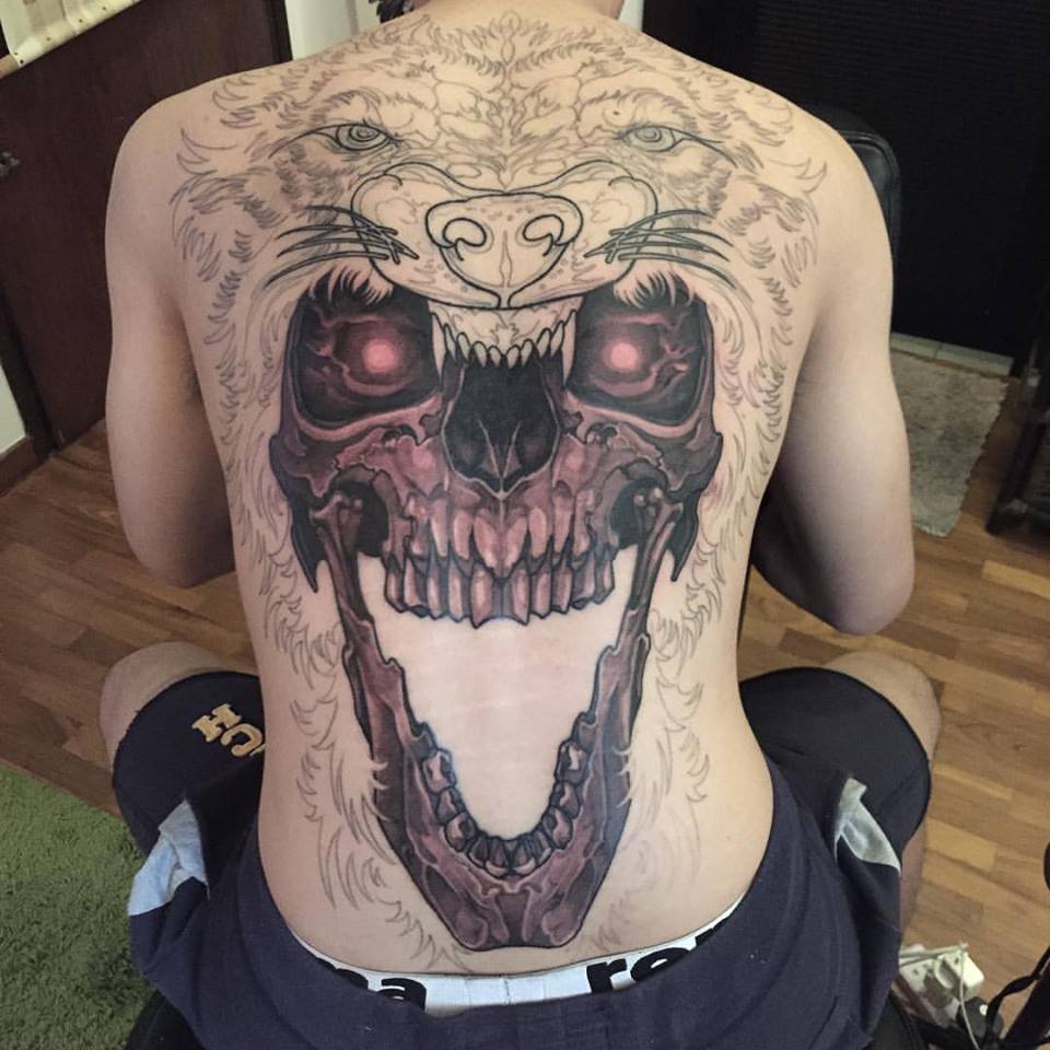 Awesome Black Ink Skull Tattoo On Man Full Back By Elvin