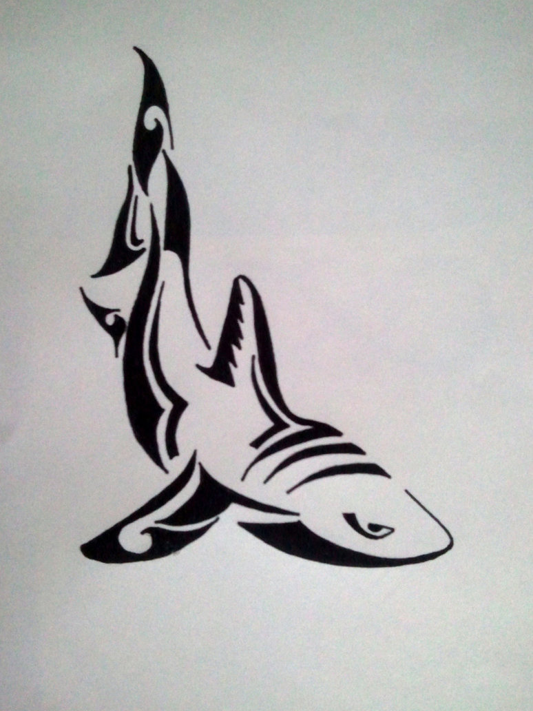 Awesome Black Ink Tribal Shark Tattoo Stencil