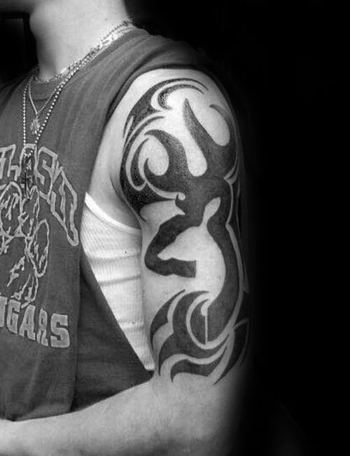 Awesome Black Tribal Browning Deer Tattoo On Left Half Sleeve