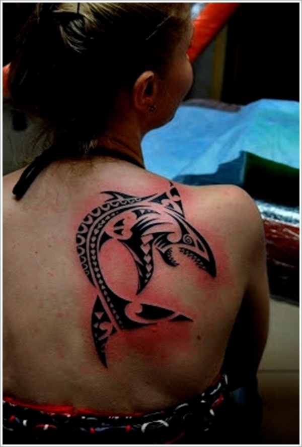 Awesome Black Tribal Shark Tattoo On Girl Right Back Shoulder
