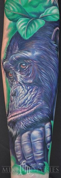 Awesome Chimpanzee Tattoo On Forearm By Mike Devries
