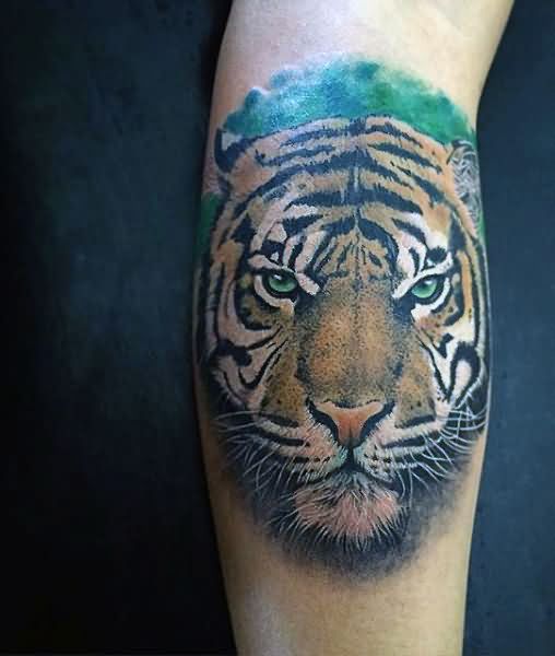 Awesome Color Ink Tiger Face Tattoo On Sleeve