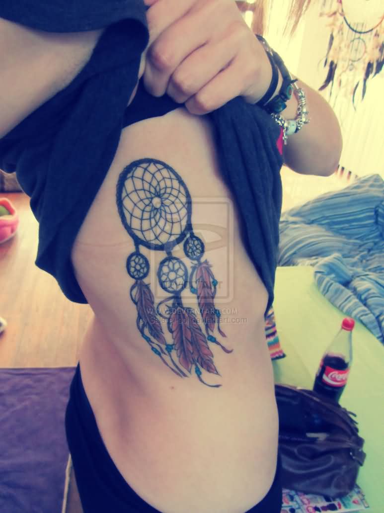 Awesome Dreamcatcher Tattoo On Side For Girls