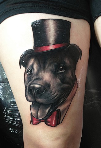 Awesome Gentleman Dog Face Tattoo On Right Thigh By Mick Squires