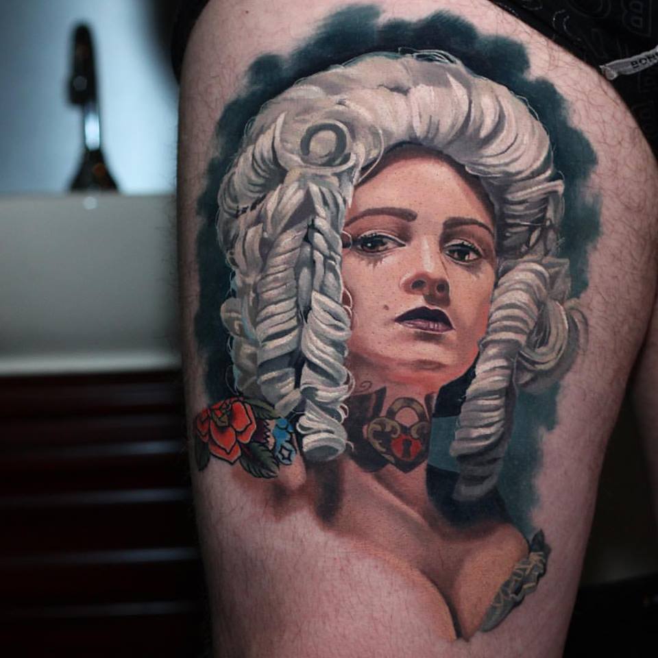 Awesome Girl Face Portrait Tattoo On Right Thigh By Crispy Lennox