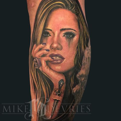 Awesome Girl Portrait Tattoo Design For Leg Calf By Mike Devries
