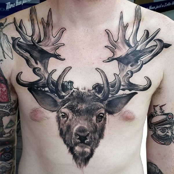 Awesome Grey Ink Deer Head Tattoo On Chest