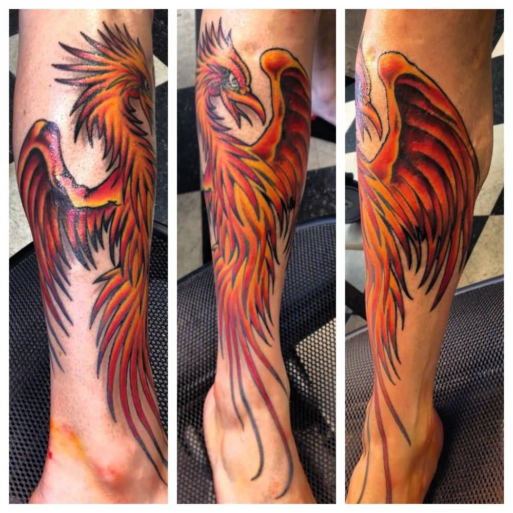 Awesome Phoenix Tattoo On Leg By Roger McMahon