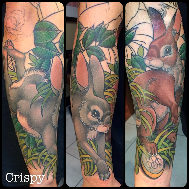 Awesome Rabbit Tattoo On Right Arm By Crispy Lennox