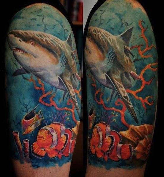 Awesome Realistic Shark Tattoo On Left Upper Arm