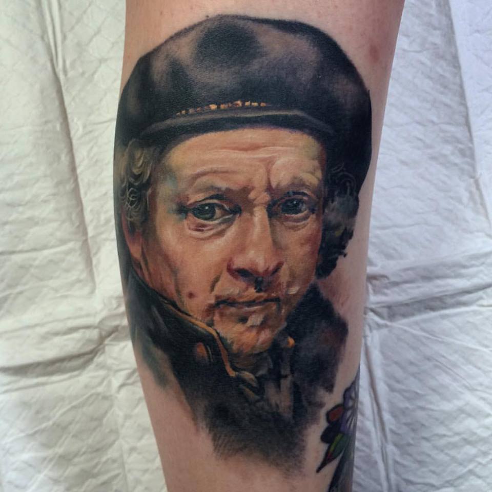 Awesome Rembrandt Portrait Tattoo On Leg By Crispy Lennox