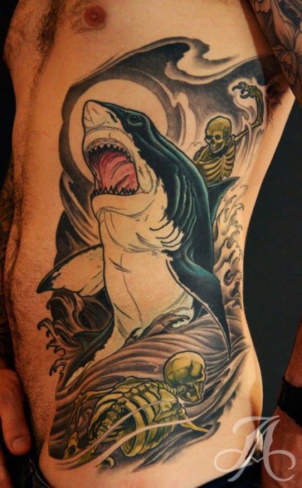 Awesome Shark With Two Skeletons Tattoo On Left Side Rib
