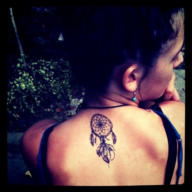 Awesome Simple Dreamcatcher Tattoo On Back For Girls