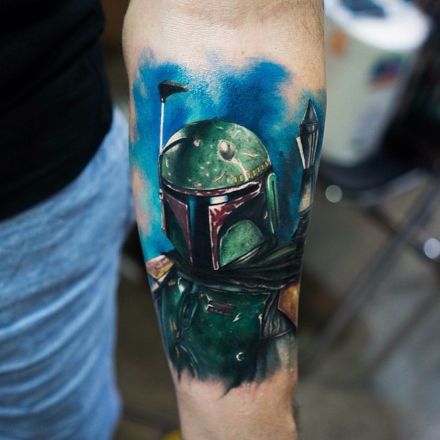 Awesome Star Wars Boba Fett Tattoo On Left Forearm By Mick Squires