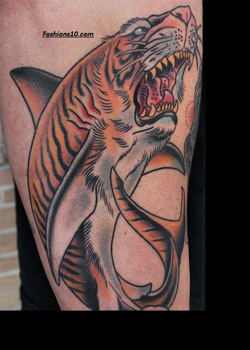 Awesome Tiger Shark Tattoo Design For Half Sleeve