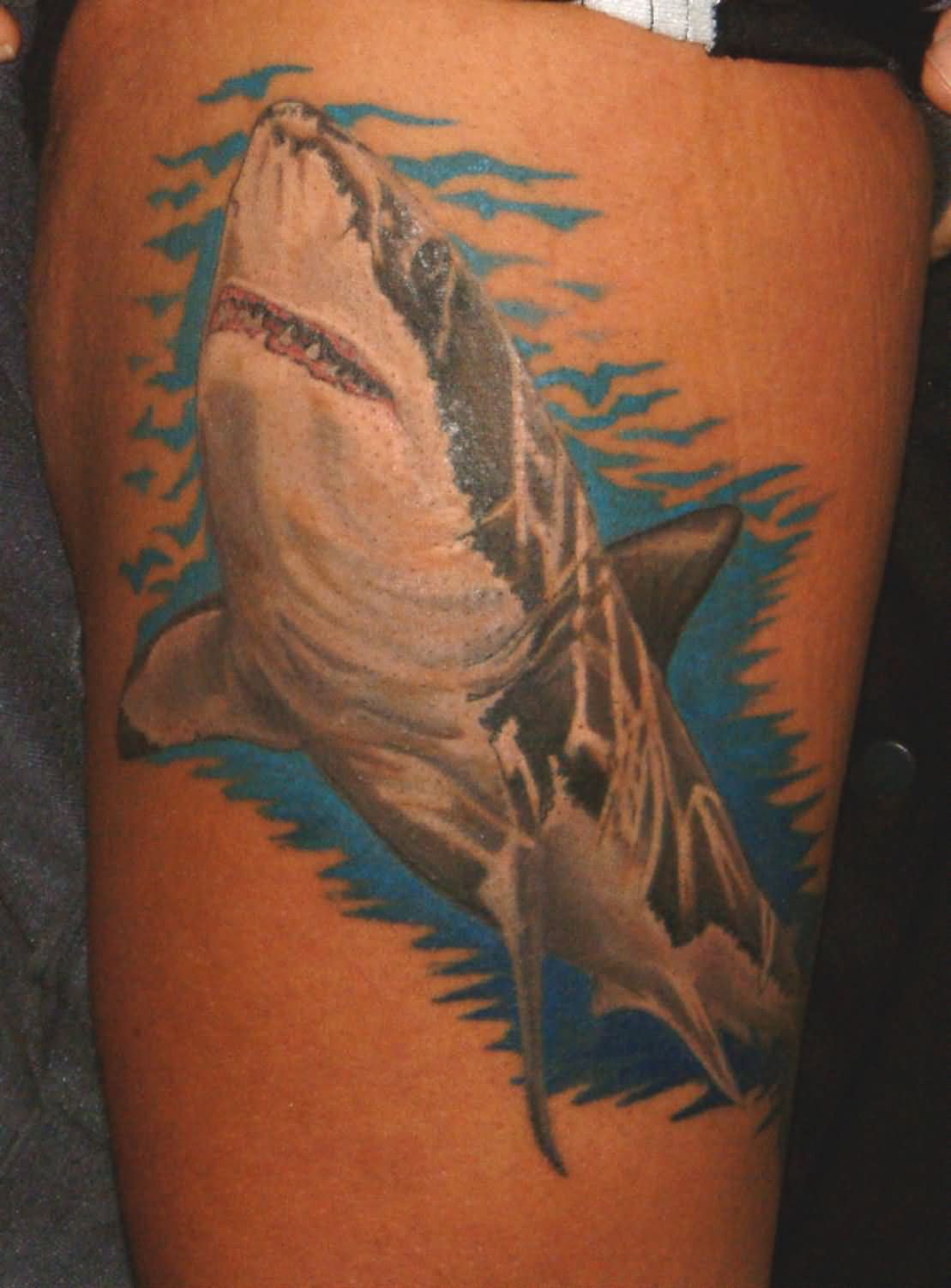 Awesome Tiger Shark Tattoo Design For Thigh