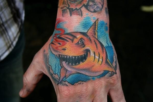 Awesome Tiger Shark Tattoo On Man Left Hand