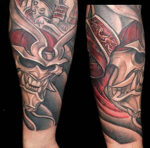Awesome Traditional Samurai Skull Tattoo Design For Arm