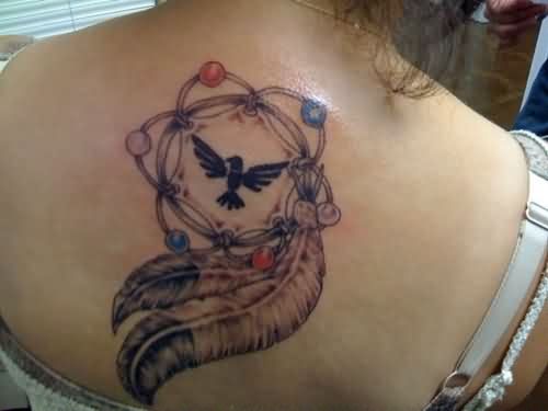 Aztec Bird In Simple Dreamcatcher Tattoo On Upper Back