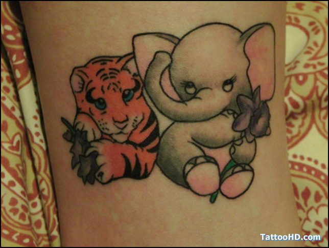 Baby Elephant And Baby Tiger Tattoo