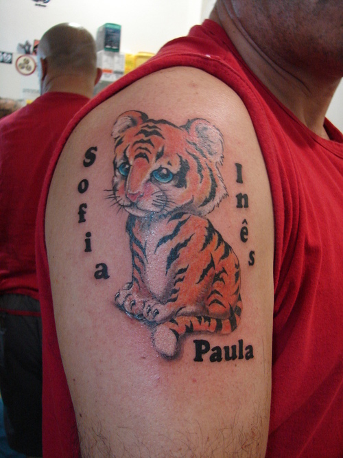 Baby Tiger Tattoo On Man Right Shoulder