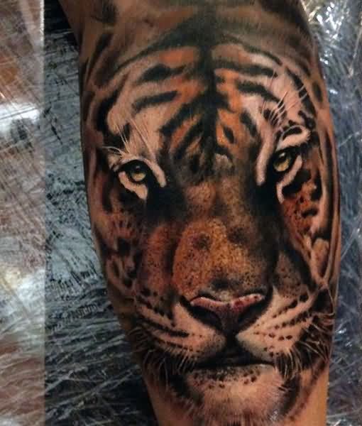 Back Leg Tiger Head Tattoo Idea