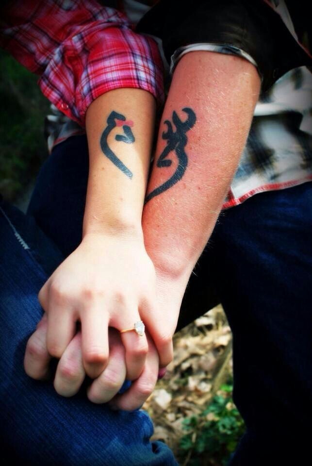 Beautiful Black Deer Tattoos On Couple Forearm