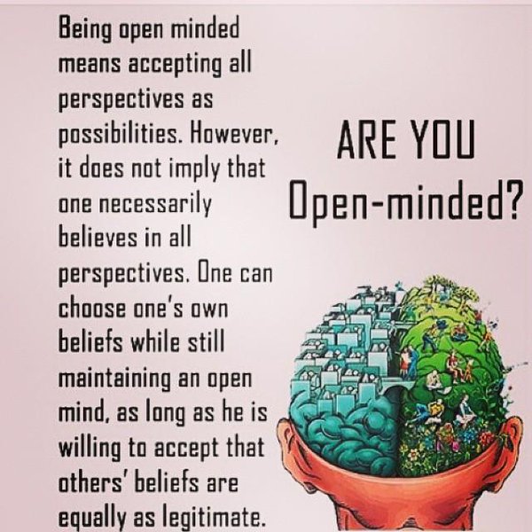 Being open minded means accepting all perspectives as possibilities. However, it does not imply that one necessarily believes in all perspectives. One...