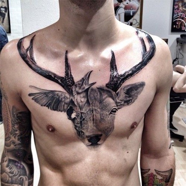Bird And Deer Head Tattoo On Man Chest
