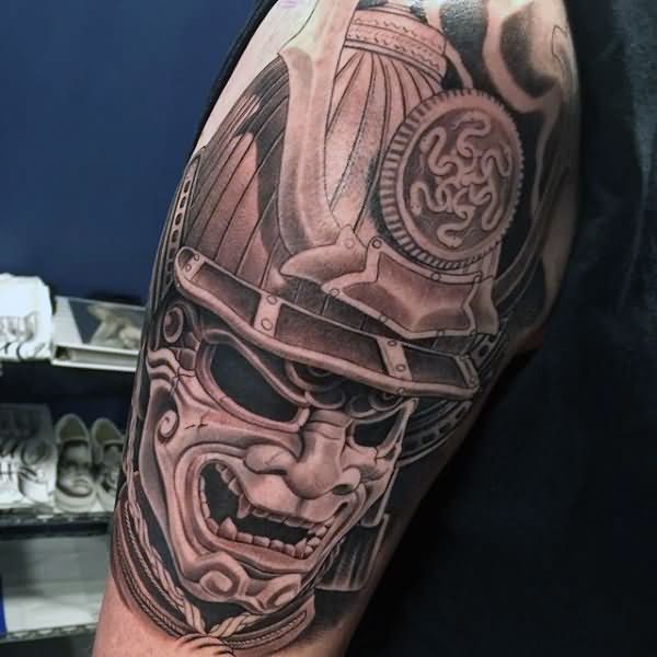 Black And Grey 3D Samurai Skull Tattoo On Right Half Sleeve