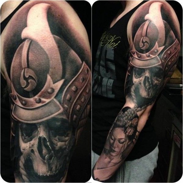Black And Grey 3D Samurai Tattoo On Man Left Half Sleeve By Gari Henderson
