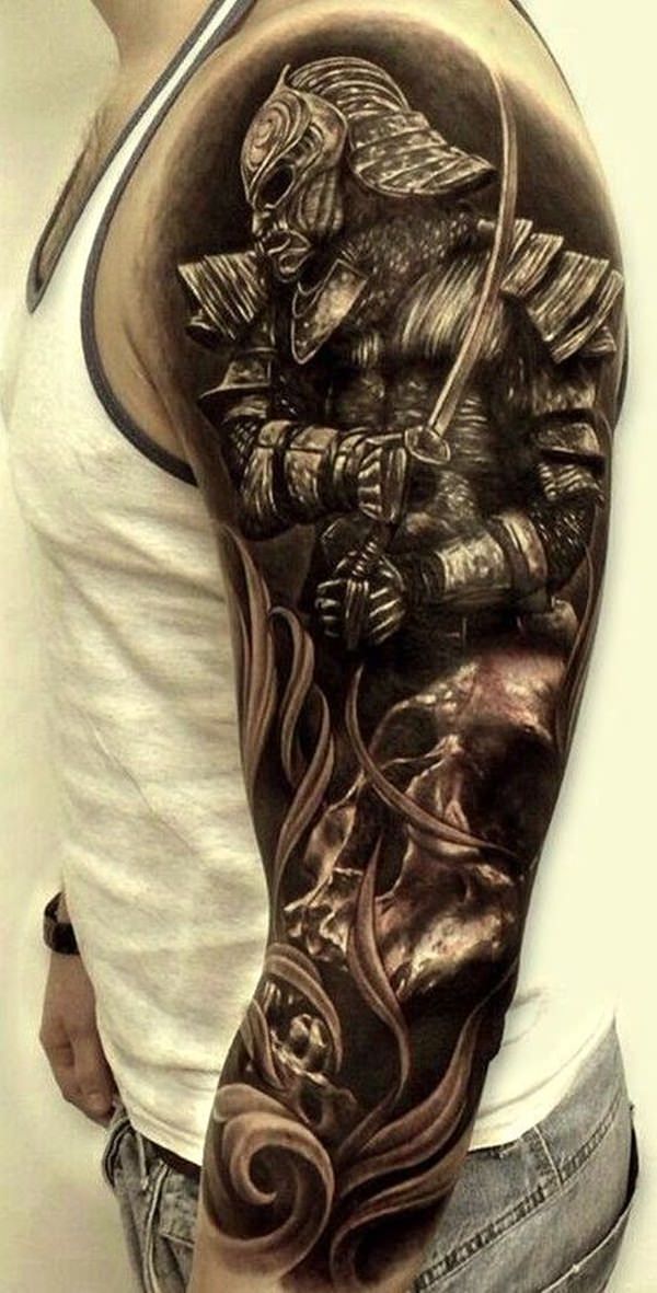 Black And Grey 3D Samurai With Skull Tattoo On Man Left Full Sleeve