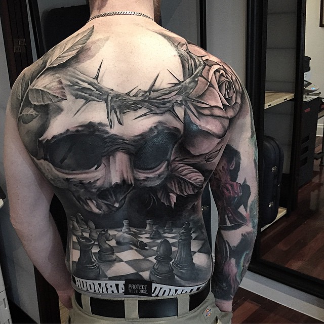 Black And Grey 3D Skull With Chess Tattoo On Full Back