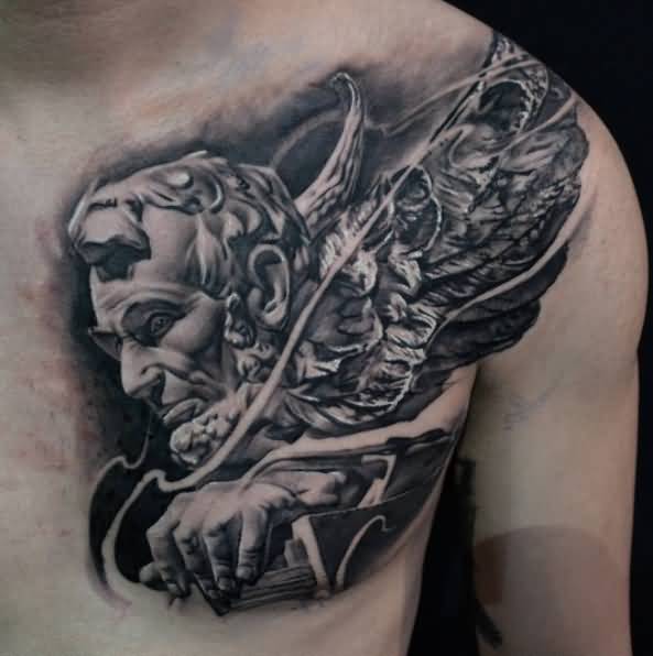 Black And Grey Abraham Lincoln Face With Wings Tattoo On Man Left Chest