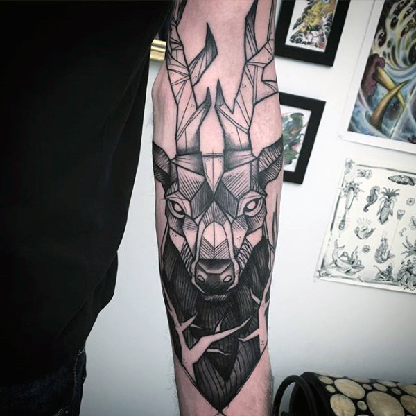 Black And Grey Abstract Deer Head Tattoo On Sleeve