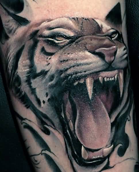 Black And Grey Angry Tiger Tattoo Idea