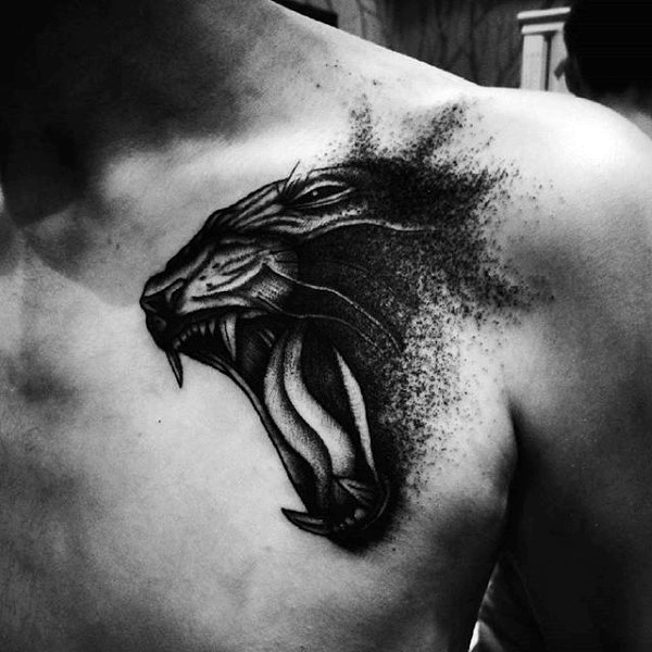Black And Grey Angry Tiger Tattoo On Front Shoulder