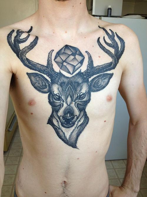 Black And Grey Deer Head Tattoo On Chest