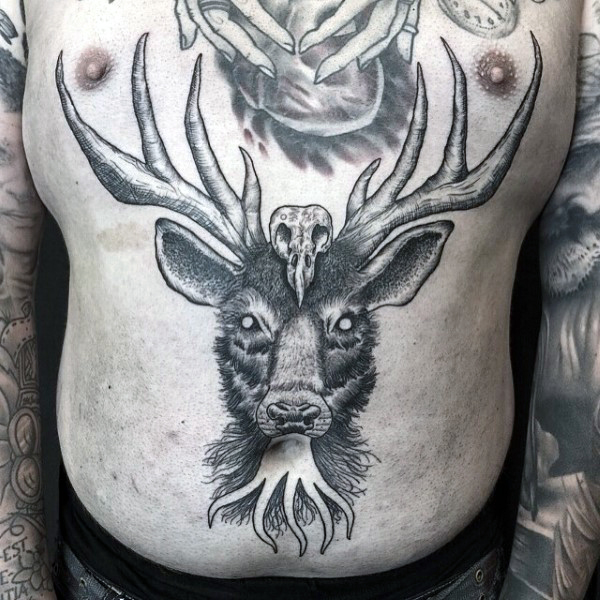 Black And Grey Deer Skull Tattoo On Man Body