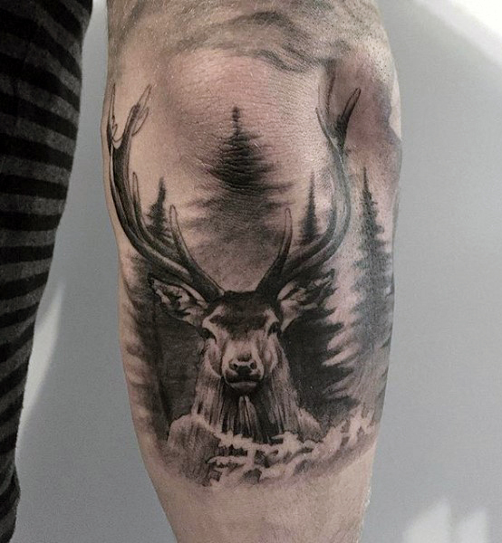 Black And Grey Deer Tattoo On Arm