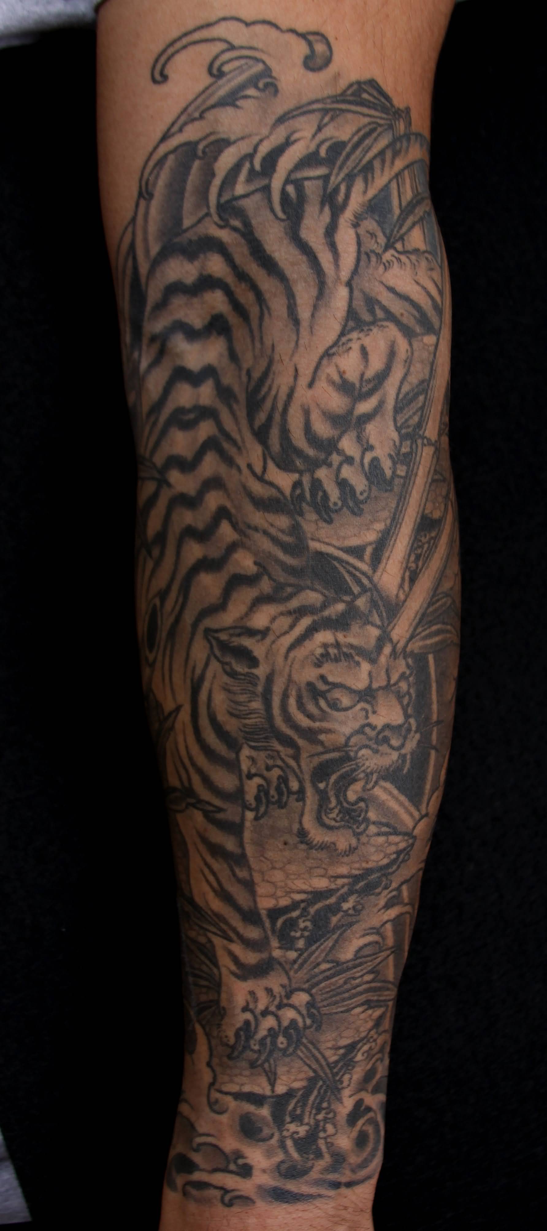 Black And Grey Full Sleeve Tiger Tattoo
