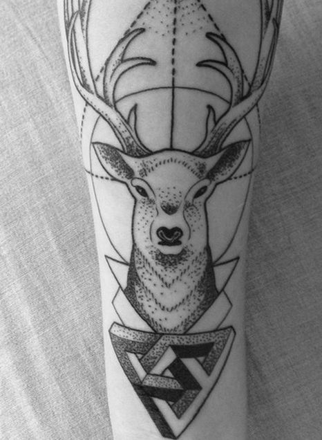 Black And Grey Geometric Deer Tattoo On Sleeve