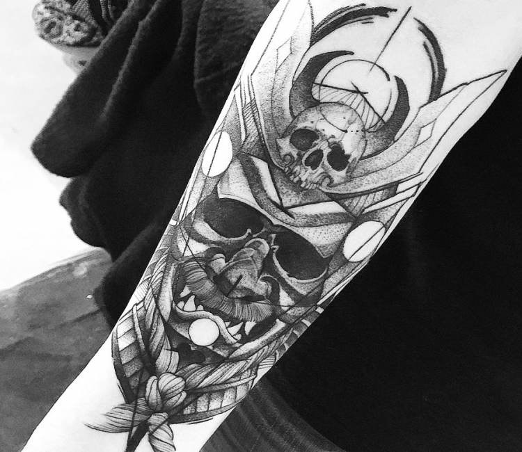 Black And Grey Geometric Samurai Skull Tattoo Design For Sleeve