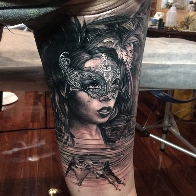 Black And Grey Girl Face Portrait Tattoo On Left Half Sleeve By Mick Squires