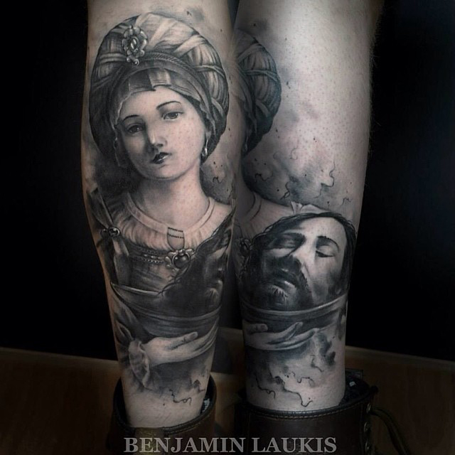 Black And Grey Girl Holding Jesus Head Tattoo On Leg Calf By Benjamin Laukis