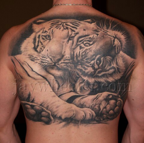 Black And Grey Ink Baby Tiger Tattoos On Back