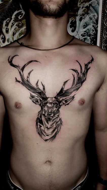 Black And Grey Ink Deer Head Tattoo On Chest