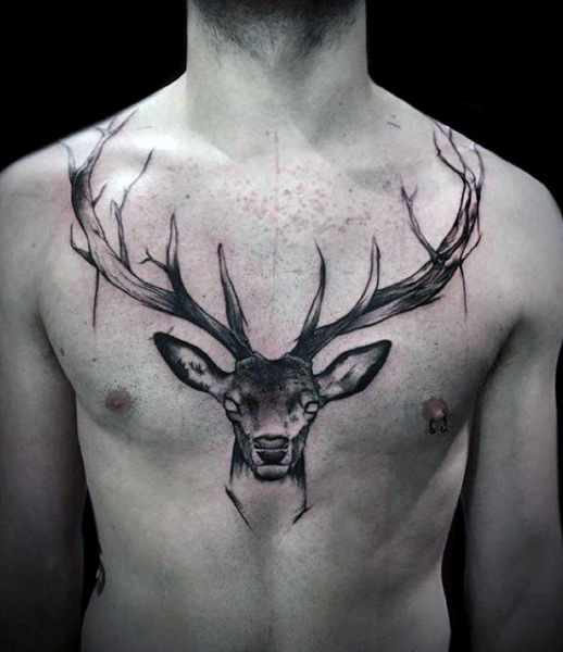 Black And Grey Ink Deer Tattoo On Chest