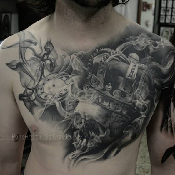 Black And Grey King Crown On Skull With Pocket Watch Tattoo On Man Chest